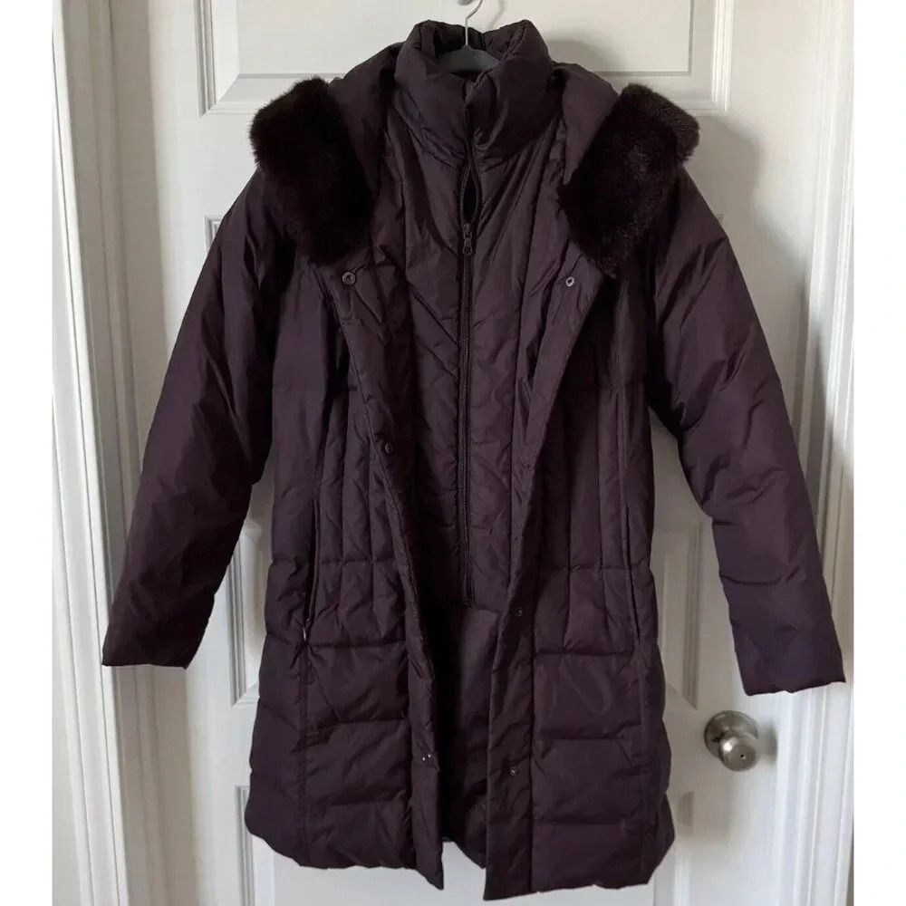 Larry Levine Winter Down Coat Burgundy/Wine Quilted Faux Fur Hood Long Puffer- S